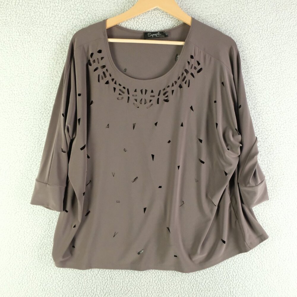 Sympli Top Womens 6 Brown Taupe Laser Cut Dolman Oversized Boho Chic